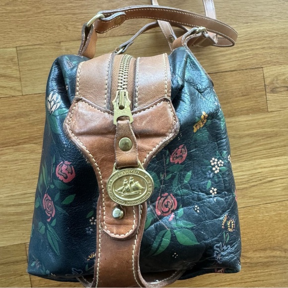 Vintage Brahmin Floral Leather Shoulder Bag Black Brown Double Strap Medallion - Picture 5 of 11